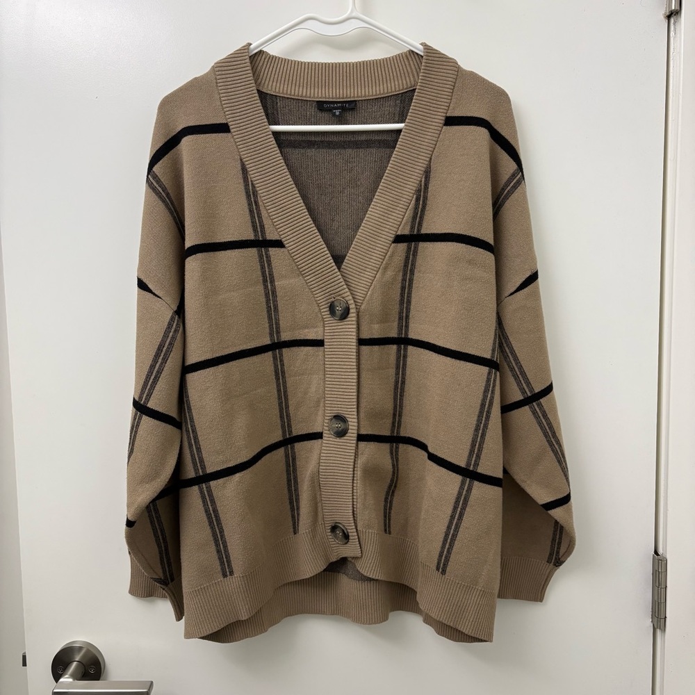 Dynamite Women's Tan Plaid Cardigan Sweater